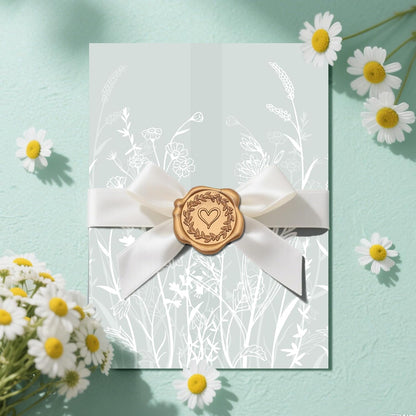 SWANGSA 50 Sets Wedding Invitations Wraps, Vellum Jackets for 5x7 Invitations & Self Adhesive Antique Gold Heart Wax Seal Stickers for Wedding Bridal Baby Shower Birthday Envelopes (White Wildflower)