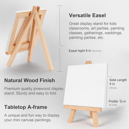 AUREUO Mini Canvas and Easel Set - 4x4 Inch/ 12 Pack - 2/5 Inch Profile Small Square Canvas with Display Stand - Art Gift Set Bulk Pack Canvases for Acrylic Painting & Craft