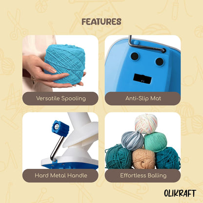 Olikraft Manual Yarn Winder | Yarn Ball Winder, Roller, Baller Crochet Spinner for Crocheting | Clamp for 1 3/4" Surfaces | Create Cakes up to 4oz