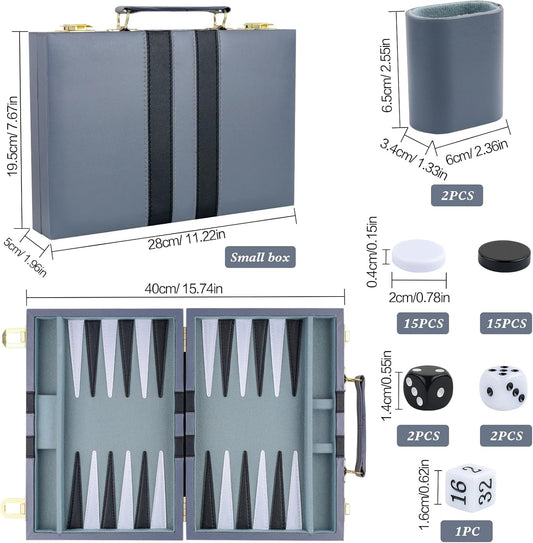 Backgammon Set 2 Players Classic Backgammon Sets for Adults Board Game with PU Leather Case Portable and Travel Backgammon Set (Grey, 11inch)