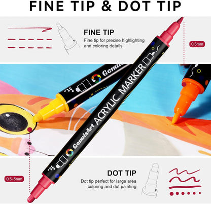 12 Colors Acrylic Paint Pens, Acrylic Paint Markers Dual Tip, with Dot Tip and Fine Tip, Acrylic Markers for Rock Painting, Wood, Canvas, Fabric, Paper, DIY Crafts Making Art Supplies (12)