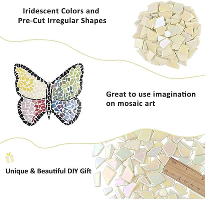 Youway Style Iridescent Cream Glass Mosaic Tiles for Crafs Bulk,200g Broken Stained Glass Pieces for Crafts DIY Mosaic Art Decor