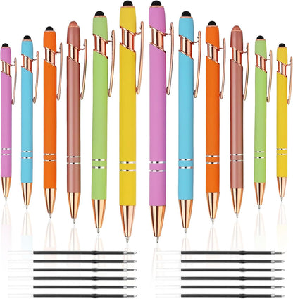 12 PCS 2 in 1 Stylus Ballpoint Pen with Stylus Tip, 1.0 mm Black Ink Metal Pen Stylus Pen for Touch Screens (Rose Gold & Mix3)