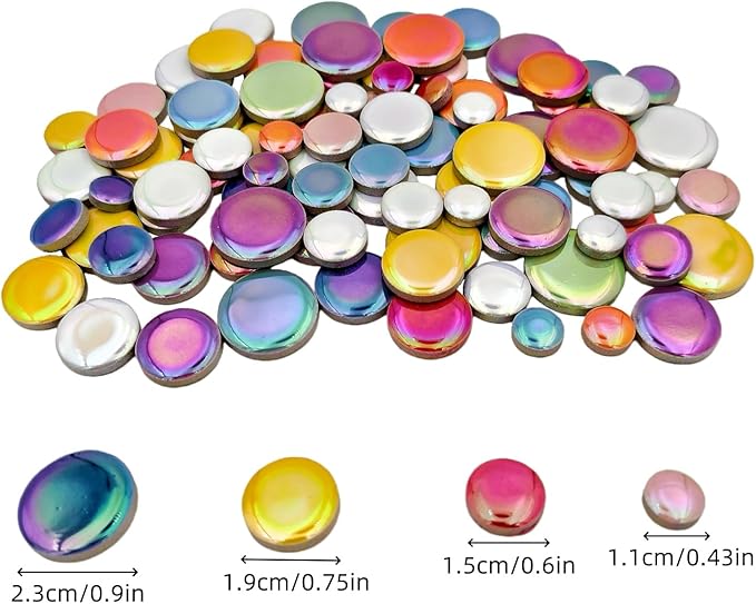 200g Iridescent Round Mosaic Tiles for Crafts Bulk, 11mm-23mm 4 Size Circular Mosaic Ceramic Pieces for Vases, Garden Decor, DIY Mosaic Making (Multicolor)