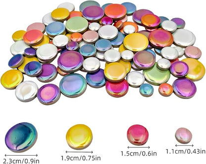 200g Iridescent Round Mosaic Tiles for Crafts Bulk, 11mm-23mm 4 Size Circular Mosaic Ceramic Pieces for Vases, Garden Decor, DIY Mosaic Making (Multicolor)