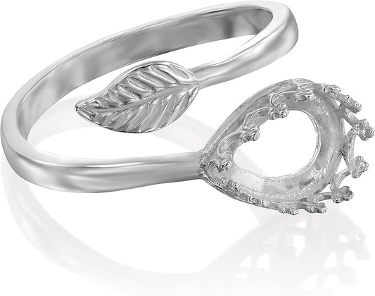 Stera Jewelry 925 Sterling Silver Bypass Leaf Ring Blank with 7 x 10mm Teardrop Bezel
