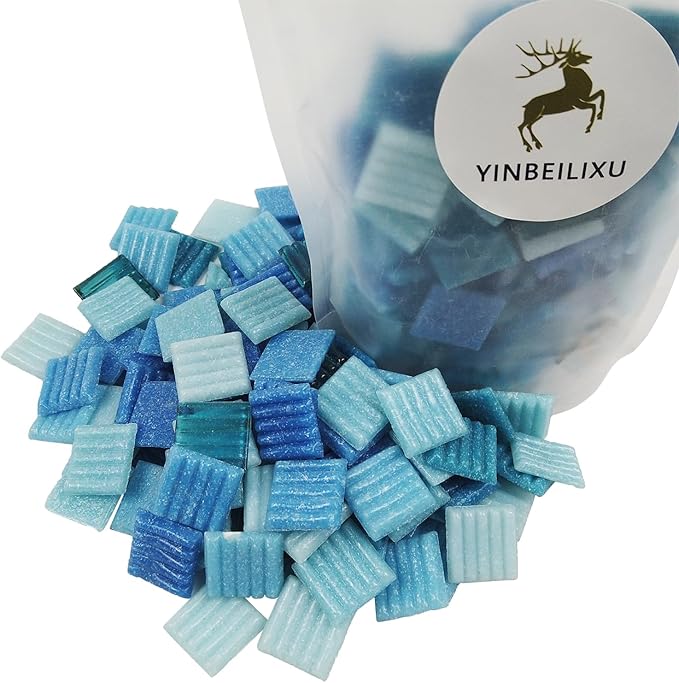 Mosaic Tiles, Bulk Glass Mosaic Pieces, 2x2cm Wavy Square Tiles, Mosaic Kits for Adults, Glass Mosaic Tiles forCrafts DIY Art, Frames, Vases Filler, Home Decor, 410g/14.5oz (Blue)