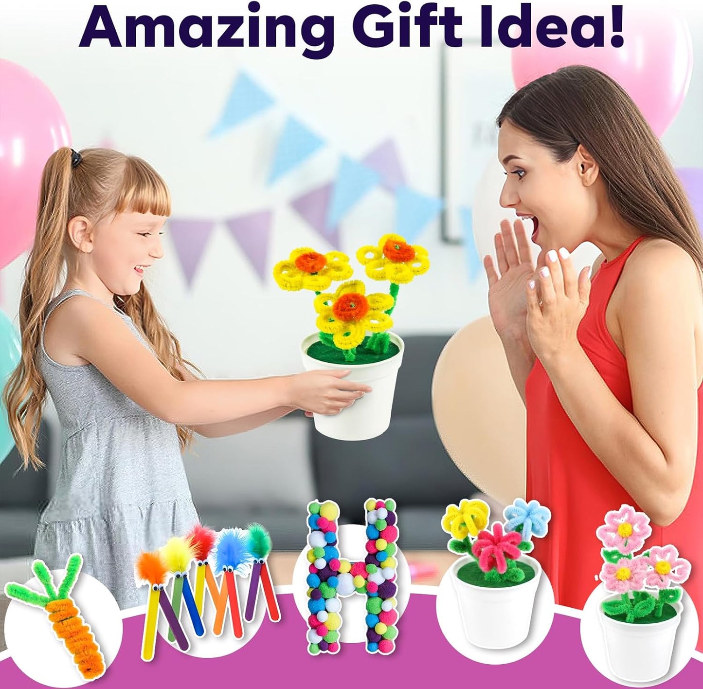 FUNZBO Arts and Crafts Supplies for Kids -Kids Craft Kit with Pipe Cleaners, Popsicle Sticks, Pompoms & Stickers, All in One Homeschool Supplies, Toys Crafts for Girls Boys Age 4+