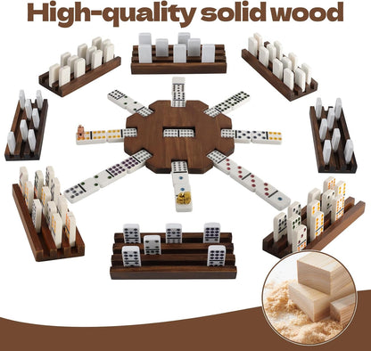 8 Players Mexican Train Dominoes Game Set - Double 12 Dominoes with Wooden Hub, 8 Metal Trains & Domino Storage Bag| Family Board Game for 2-8 Players