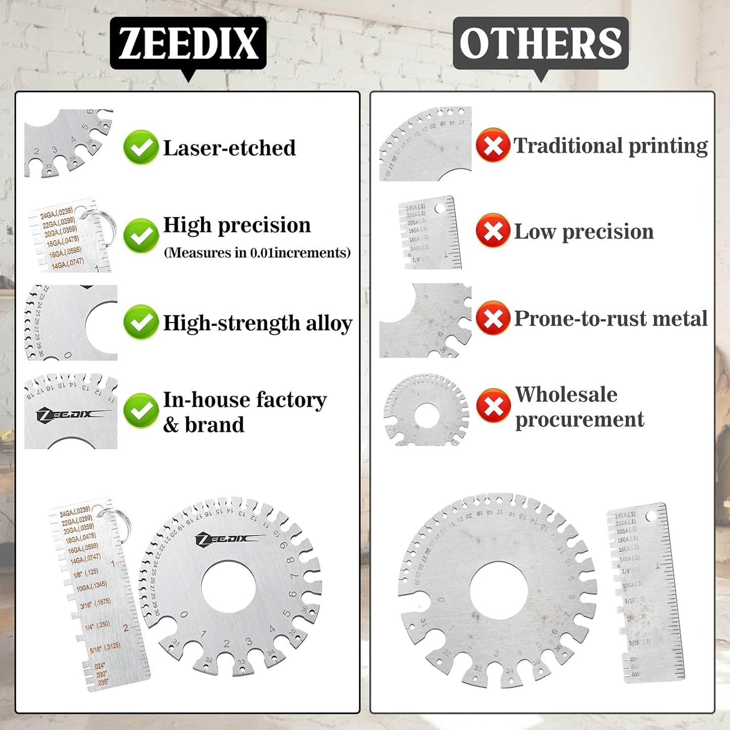 ZeeDix 4 Pcs Stainless Steel Metal Sheets Welding Thickness Gauge- Wire Gauge Measurement Tool, Standard Dual-Sided Round Wire Cable Sheet Gage and Wire Welding Material Thickness Gauge