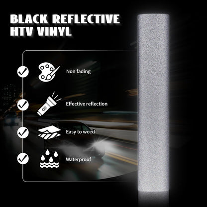 GIRAFVINYL Black Reflective Vinyl - 12" x 7' Iron on HTV for T-Shirt, Easy to Weed Heat Transfer Vinyl