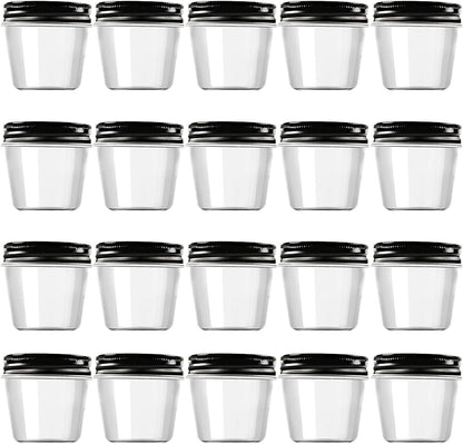 Novelinks 4 oz Clear Plastic Jars with Black Lids – Small Round Reusable Containers for Food, Spices, Crafts, Travel – BPA-Free Storage Jars for Kitchen & Household Organization, 20 Pack