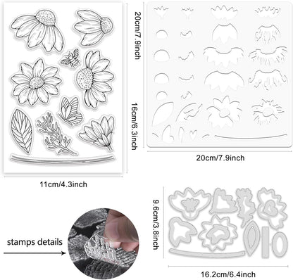 ORIGACH Daisy Flower Stamps and Dies and Layering Coloring Stencil Set, Silicone Stamps Metal Die Cut and Layering Stencil Template with Daisy Pattern for Card Making Scrapbooking DIY Crafting