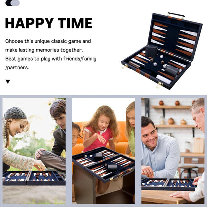 Backgammon Set - Classic Board Game with Premium Leather Case - Portable Travel Strategy Backgammon Game Set for Adults, Kids - Suitable as (18inch, Navy)
