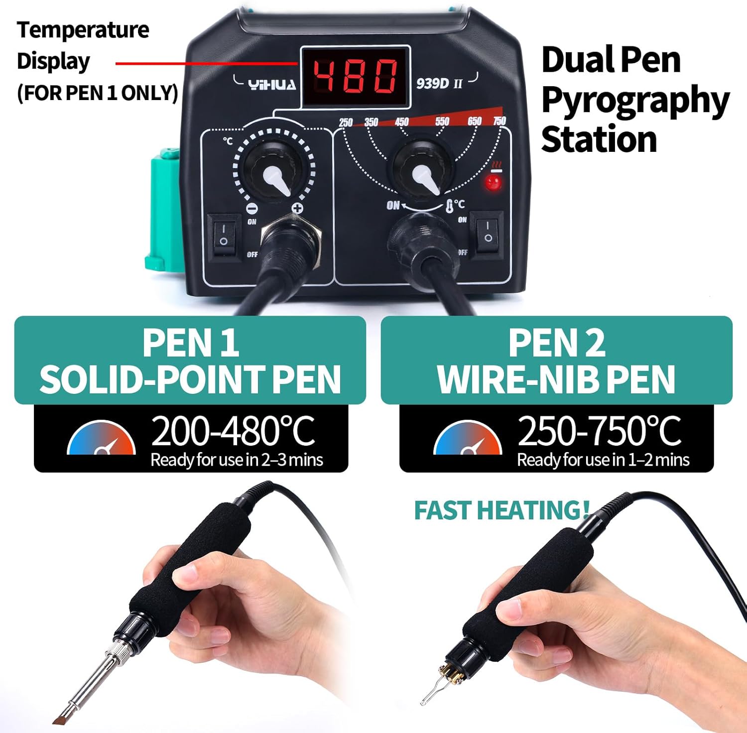 YIHUA 939D-II Pyrography Pen Wood Burning Kit Station 2-in-1 Solid-Point 200~480°C (with Temp Display)/Wire-Nib 250~750°C with 20 Nibs, Solid Points, 1 Stable Pen Holder, 2 Scrap Wood (Green) - Crafty Corner