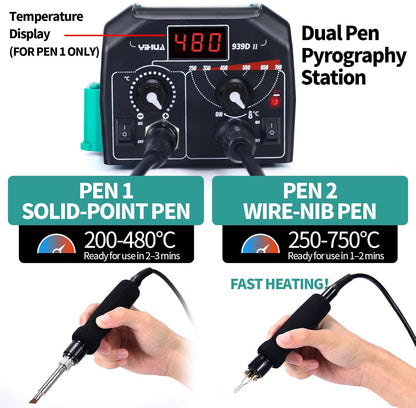 YIHUA 939D-II Pyrography Pen Wood Burning Kit Station 2-in-1 Solid-Point 200~480°C (with Temp Display)/Wire-Nib 250~750°C with 20 Nibs, Solid Points, 1 Stable Pen Holder, 2 Scrap Wood (Green) - Crafty Corner