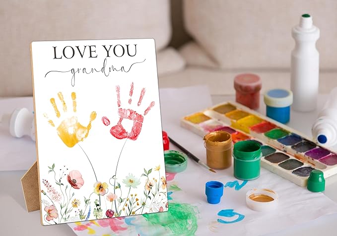 I Love You Grandma Themed Handprint Art Keepsake Making Sign with Stand 9x12", Mothers Day Crafts for Classroom Family Activities, Birthday Gifts for Grandma from Granddaughter Grandson Grandkids