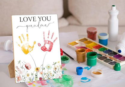 I Love You Grandma Themed Handprint Art Keepsake Making Sign with Stand 9x12", Mothers Day Crafts for Classroom Family Activities, Birthday Gifts for Grandma from Granddaughter Grandson Grandkids