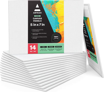 ARTEZA Canvas Boards for Painting, 5 x 7 Inches, Pack of 14, Blank White Small Canvas Panels for Acrylic, Oil and Gouache Painting