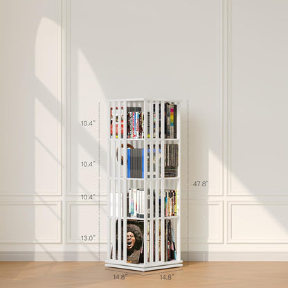 XIMN 360° Rotating Bamboo CD/DVD Shelf - 6-Tier Space-Saving Media Storage Cabinet for Movies, Organizer with Super Compact Design (White, 4 Tier)