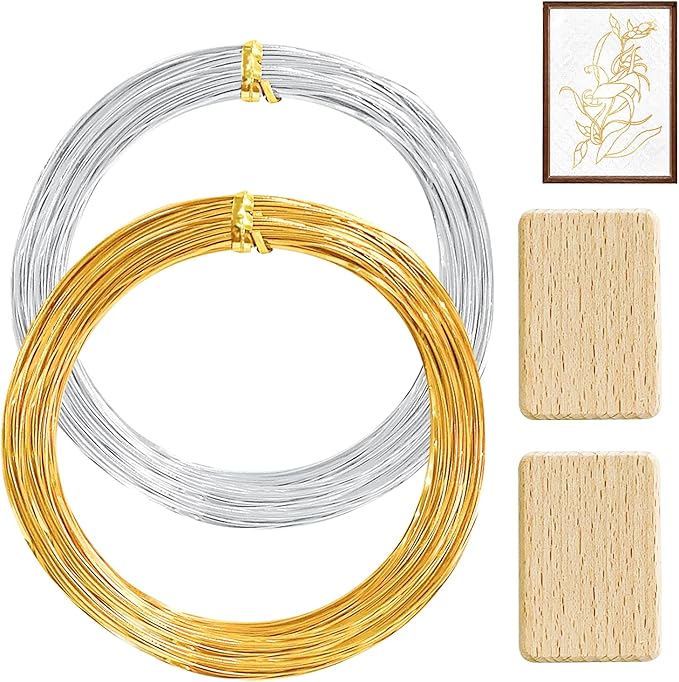 WINUSD Cloisonne Wire 20m Gold & Silver (1x0.3mm) | Jewelry Making Tools Kit with 2 Wire Straightening Boards for DIY Metalwork, Home Decor, Crafting Gifts, Artisan Supplies & Beginners/Professionals
