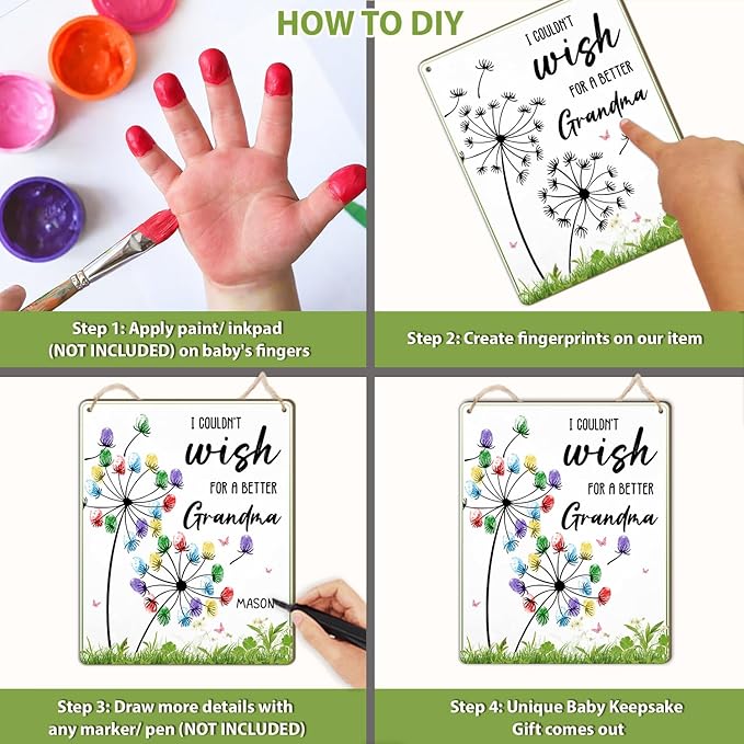 Dandelion DIY Custom Mothers Day Gift For Grandma Fingerprint Sign, Finger Prints Grandma Craft for Baby, First Mothers Day For Grandma, Memory Keepsake Kids Activity PreK Preschool (Wish Grandma) -26