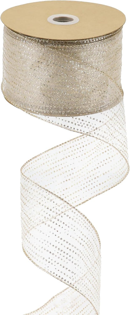 MEEDEE Champagne Gold Wired Ribbon - 2.5 Inch Horizontal Stripes Polka Dot Christmas Ribbon Organza Sheer Glitter - 25 Yards for Christmas Tree, Wreath Bow - Crafty Corner
