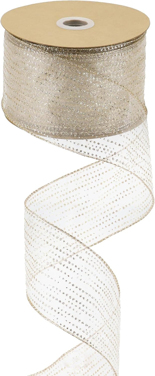 MEEDEE Champagne Gold Wired Ribbon - 2.5 Inch Horizontal Stripes Polka Dot Christmas Ribbon Organza Sheer Glitter - 25 Yards for Christmas Tree, Wreath Bow - Crafty Corner