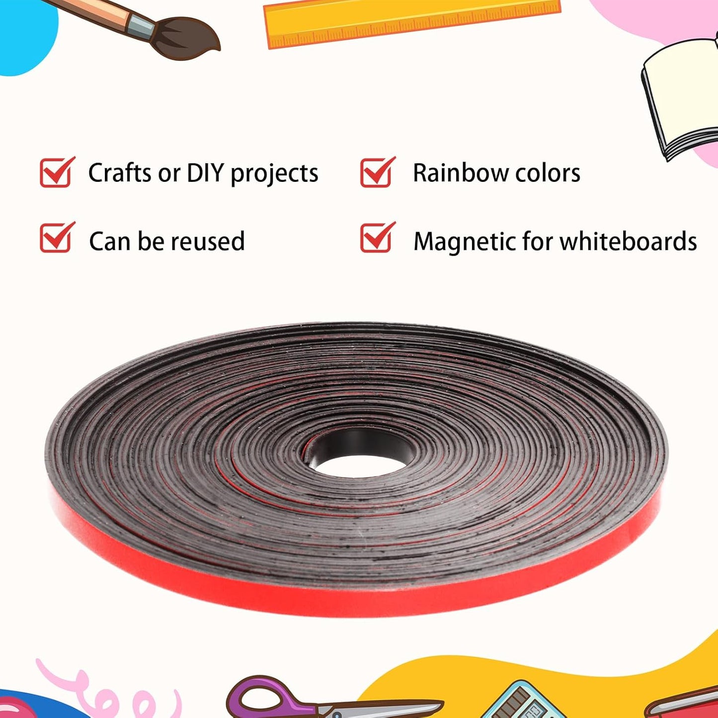 Magnetic Tape Roll Thin Strips, 1/4 Inch x 33 Feet Magnetic Board Dividers Whiteboard Graphic Decorative Tape Marking Line for Classroom Office Art Accessories(Red)
