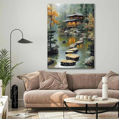Paint by Numbers Kit for Adults Framed, Japanese Tea House with Stepping Stones, DIY Oil Painting, Pre-Printed Canvas Wall Art Home Decor Gift, 16x20inch Framed, 24 Colors