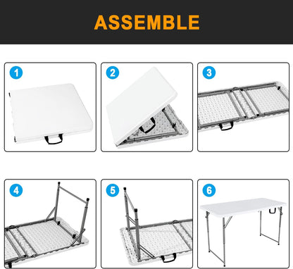 48" W x 24" D x 29.5" H - 4FT Adjustable Height Heavy Duty Plastic Fold-in-Half Foldable Table，White Portable Folding Table with Carrying Handle for Camping & Party