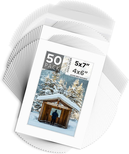 Mat Board Center, Pack of 50, 5x7 for 4x6 White Mat Kit - Acid Free, 4-ply Thickness, White Core - Includes Backing Boards and Clear Bags - for Pictures, Photos, Framing