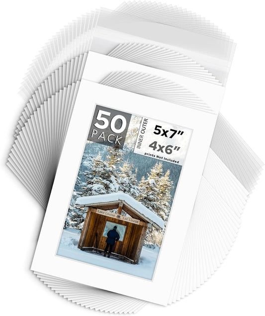 Mat Board Center, Pack of 50, 5x7 for 4x6 White Mat Kit - Acid Free, 4-ply Thickness, White Core - Includes Backing Boards and Clear Bags - for Pictures, Photos, Framing