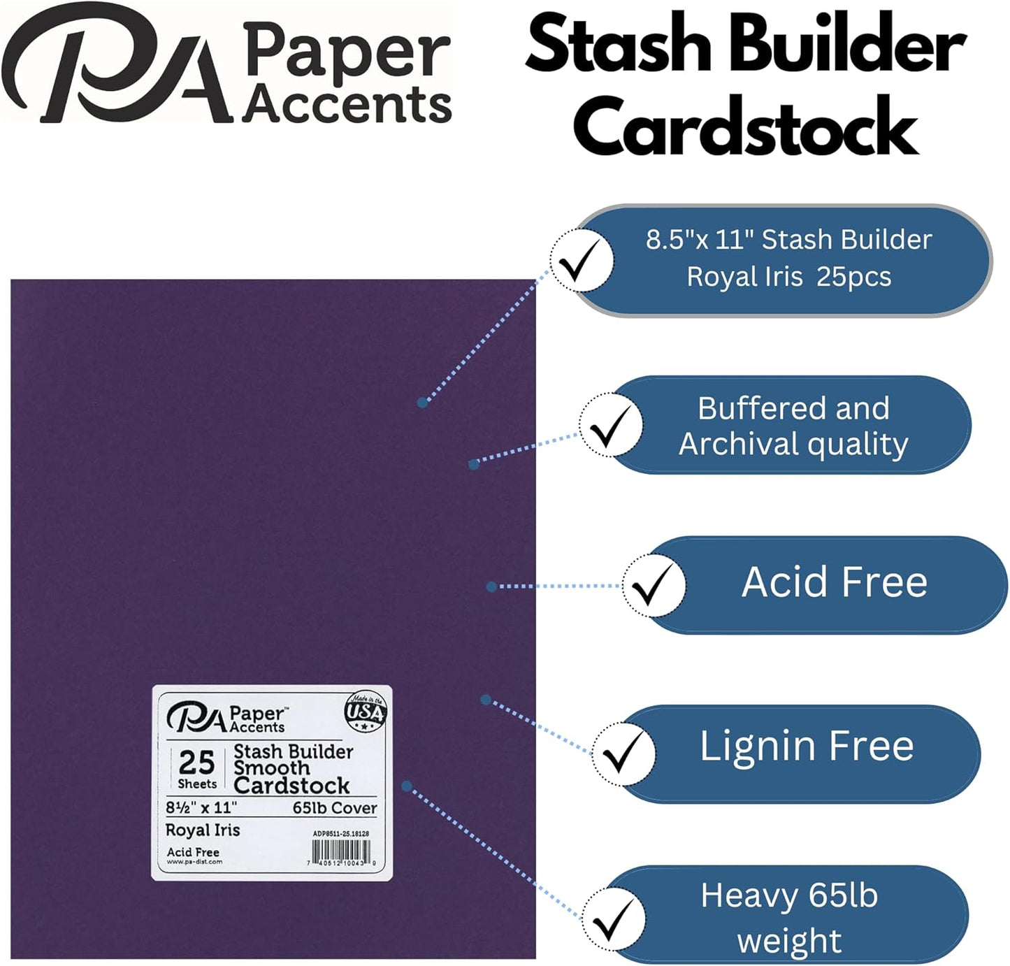 PA Paper Accents Stash Builder Cardstock 8.5" x 11" Royal Iris, 65lb colored cardstock paper for card making, scrapbooking, printing, quilling and crafts, 25 piece pack