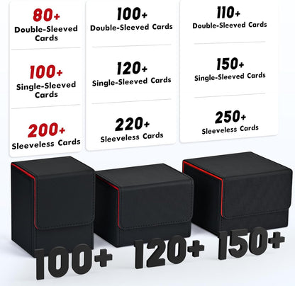 ZLCA Card Deck Box for Trading Cards, MTG YuGiOh Deck Case Holds 100+ Single Sleeved Cards, PU Leather Magnetic Card Storage Box Fits for TCG CCG Magic Game Cards (Black& Red)