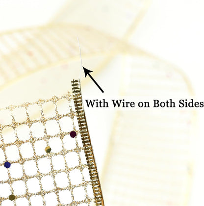 MEEDEE Champagne Gold Glitter Ribbon - 2.5 Inch Square Mesh Net Wired Ribbon with Rainbow Sparkle for Christmas Tree Decoration, Wreath Bow Making (25 Yards) - Crafty Corner