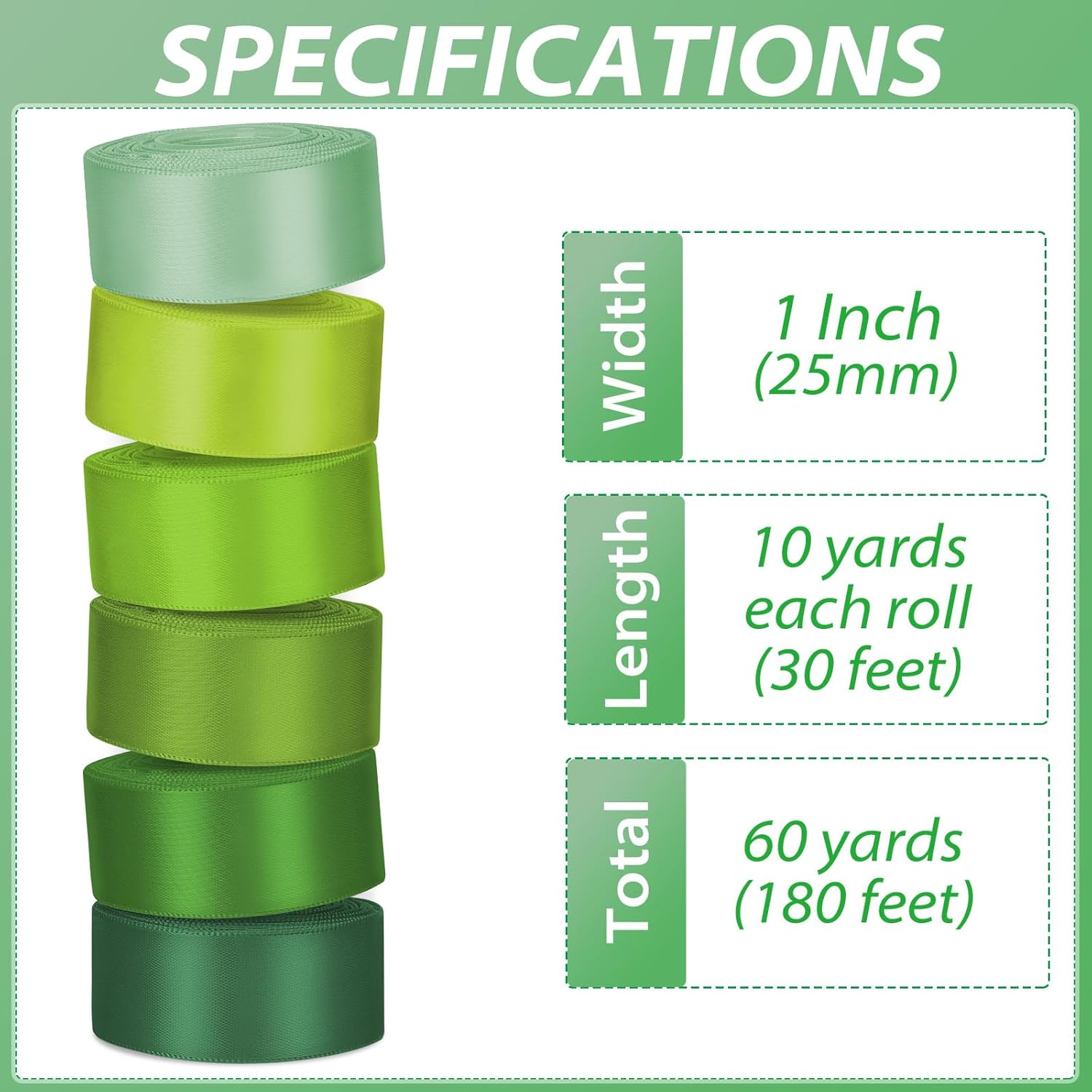 1 Inch Green Satin Ribbons for Crafts, 6 Rolls Single-Faced Green Assorted Ribbons for Gift Wrapping Flower Bouquet Wedding Invitations Bridal Shower Hair Bows Garland Party Decor - Crafty Corner