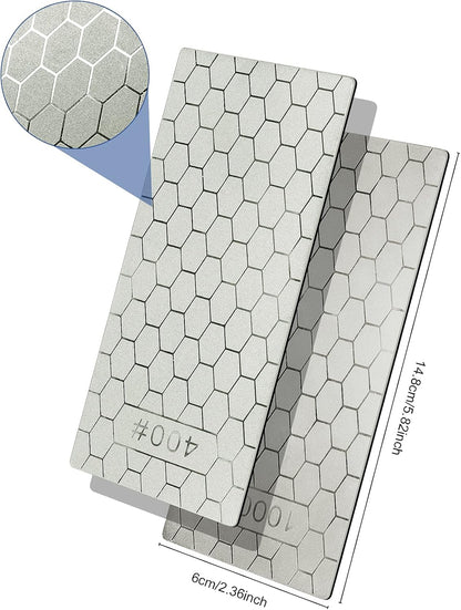 2PCS Diamond Sharpening Stone, Kalolary Knife Sharpener Stone Whetstone Honeycomb Surface Diamond Sharpener Plate with Non-slip Base for Pocket Knives Scissors, Outdoor Kitchen Tools (400/1000 Grit)