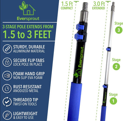 EVERSPROUT 1.5-to-3 Foot Telescopic Extension Pole | Lightweight Sturdy Aluminum Handle | Easy to Use Flip-Tab Lock Mechanism | Twist-On Metal Tip Works for Squeegee, Duster, Paint Roller (Pole only)