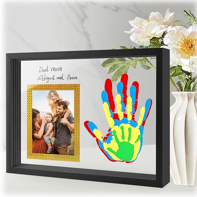 Family Handprint Keepsake Frame Kit with Photo Display – DIY 3D Floating Layered Design for Mom, Dad and Baby – Safe Non-Toxic Paint Set for Footprints – Perfect Baby Shower Gifts, New Parents Couples Keepsake, Home Decor 13.1x9.6 Inch (Black)