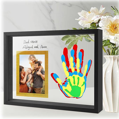 Family Handprint Keepsake Frame Kit with Photo Display – DIY 3D Floating Layered Design for Mom, Dad and Baby – Safe Non-Toxic Paint Set for Footprints – Perfect Baby Shower Gifts, New Parents Couples Keepsake, Home Decor 13.1x9.6 Inch (Black)
