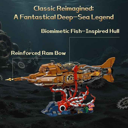 PANTASY Steampunk Nautilus Submarine Building Set, Modular 3-Section Design with Gear-Linked Propeller, Mini Boat & Undersea Adventure Scene, Retro Mechanical Collectible Model Kit for Adults