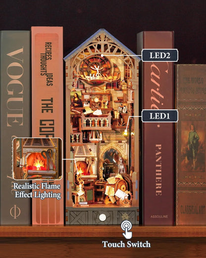 Tonecheer DIY Book Nook Kit for Adults, 3D Puzzle Wooden Miniature House Kit, Booknook Dollhouse Bookshelf Insert Decor Bookend with Dust Cover and LED Lights Gifts (Leonardo da Vinci)