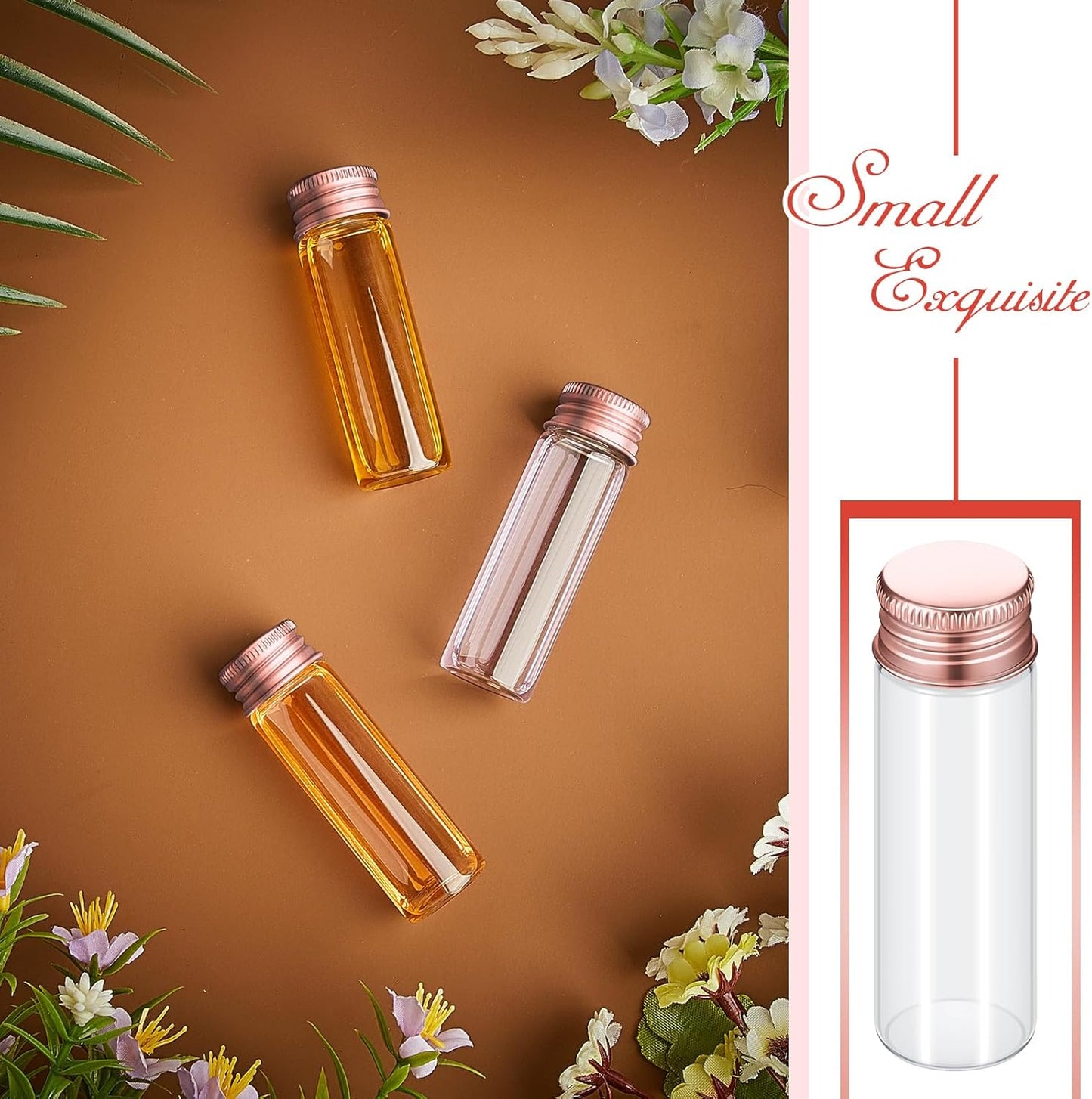 100 Pcs Small Clear Vials Spice Mini Jars with Lids Mini Glass Bottles with Screw Aluminum Metal Caps Tiny Jars Sample Containers for Powder Cream Cosmetic Jewelry Wedding (15 ml,Rose Gold)