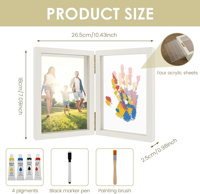 Family Handprint Kit, Family Handprint Photo Frame, Baby Hand and Footprint Handmade Keepsake Wooden Frame with 4 Non-Toxic Baby-Safe Paint, Hand print Art Craft DIY Kit for Home Mother's Day and more