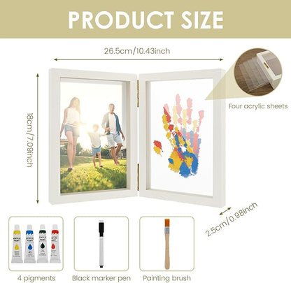 Family Handprint Kit, Family Handprint Photo Frame, Baby Hand and Footprint Handmade Keepsake Wooden Frame with 4 Non-Toxic Baby-Safe Paint, Hand print Art Craft DIY Kit for Home Mother's Day and more