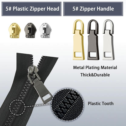 VICHERIA Zipper Repair Kit (45 Pcs), Universal Size #5 Zippers for Sewing, Replacement Slider Pull Fix Kit for Jackets, Coat, Boot, Backpack, Purse