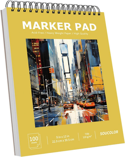 Soucolor 100 Sheets Marker Paper Pad, 9"x12" Bleedproof Art Sketch Pad, 73lb/120gsm Drawing Paper Spiral Sketch Book, Alcohol Marker Paper Painting Coloring Paper for Beginners, Artists, Kids - Crafty Corner