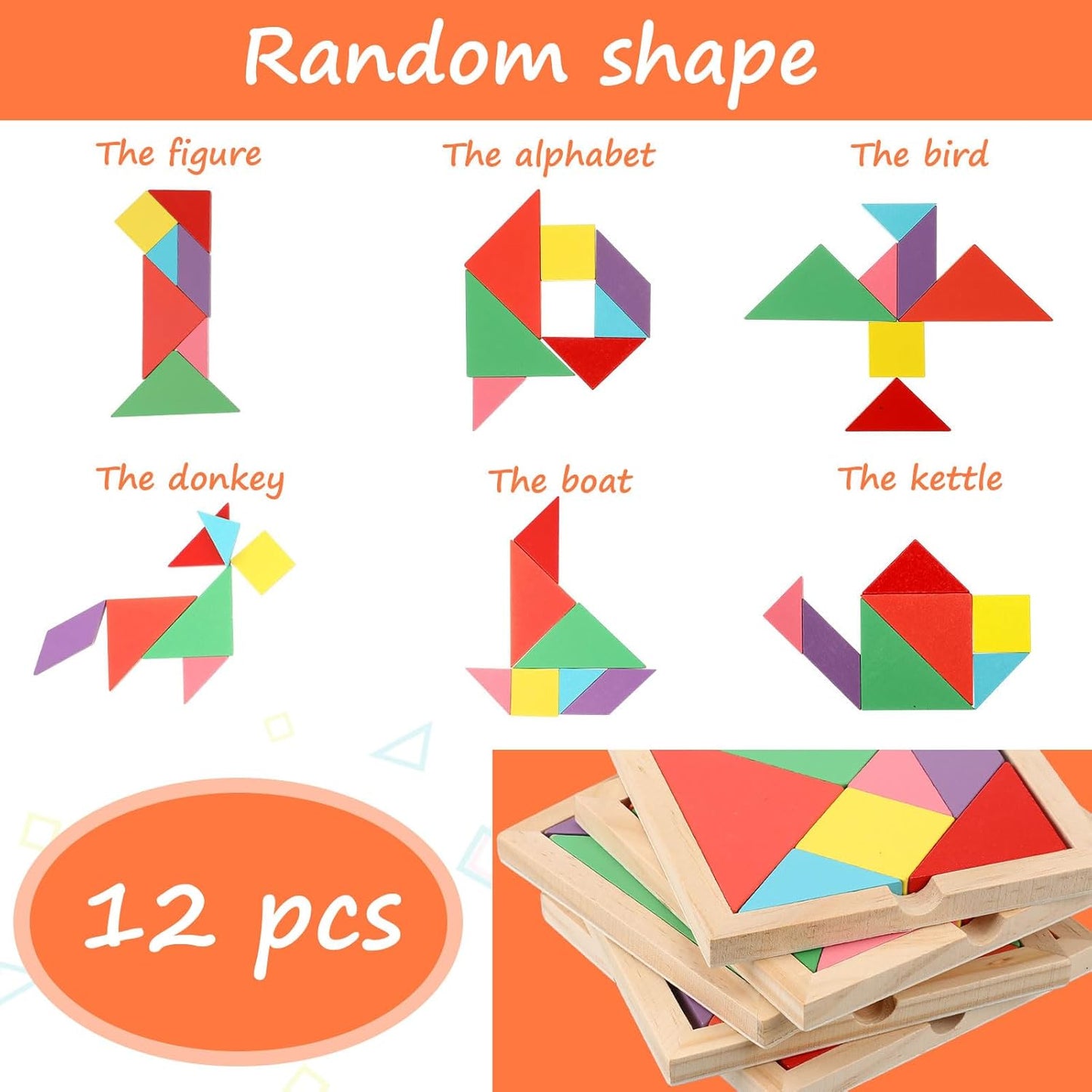 Meooeck 12 Pack Tangrams Wooden Puzzles Tangrams Classroom Set for Kids Shape Puzzles Brain Logic Blocks for Games Educational Gifts for Adults Kids Ages 4-8 8-12(Notch Style)
