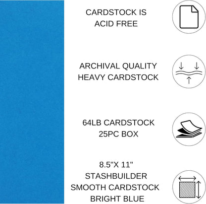 PA Paper Accents Stash Builder Cardstock 8.5" x 11" Bright Blue, 65lb Colored cardstock Paper for Card Making, Scrapbooking, Printing, Quilling and Crafts, 25 Piece Pack